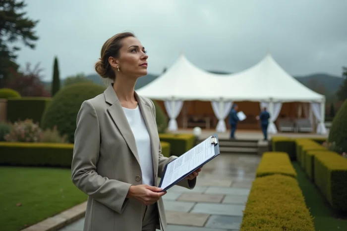 Coordinatrice de mariage préparant un plan de secours météo avec des tentes en extérieur