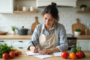 Femme planifiant ses menus de la semaine dans une cuisine moderne avec des légumes frais et un carnet de recettes