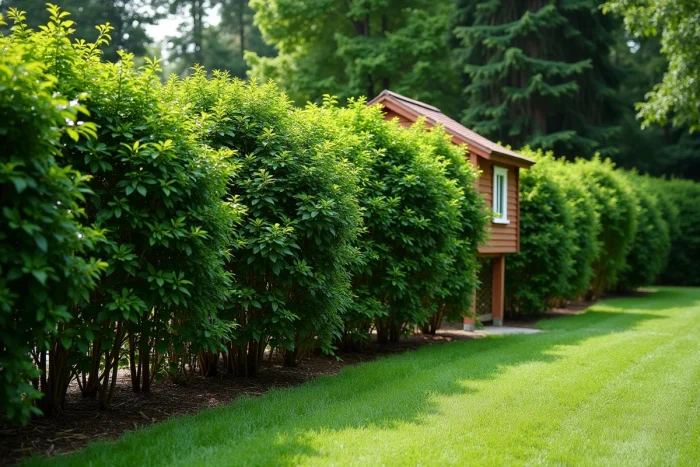 Haie dense et naturelle d'aubépine, de troène et de buis plantée en rangée serrée autour d'un poulailler en bois comme barrière végétale