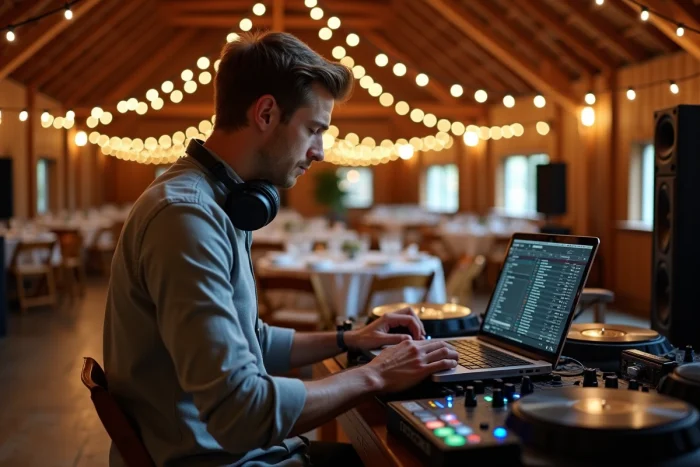 DJ testant une playlist de réception de mariage variée dans une salle de réception rustique