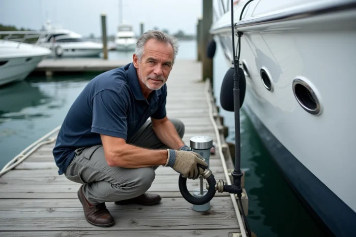 Propriétaire de bateau connectant un tuyau de pompage des eaux noires à un ponton de marina lors d'une vidange sanitaire