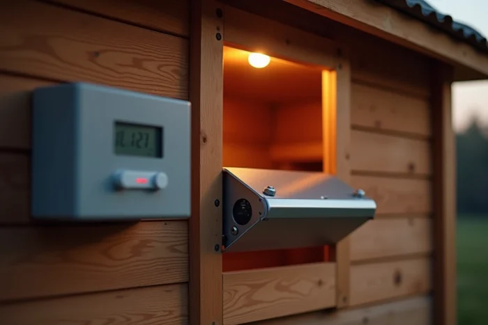 Portier automatique motorisé installé sur la façade d'un poulailler en bois, avec minuterie numérique murale pour verrouillage nocturne automatique
