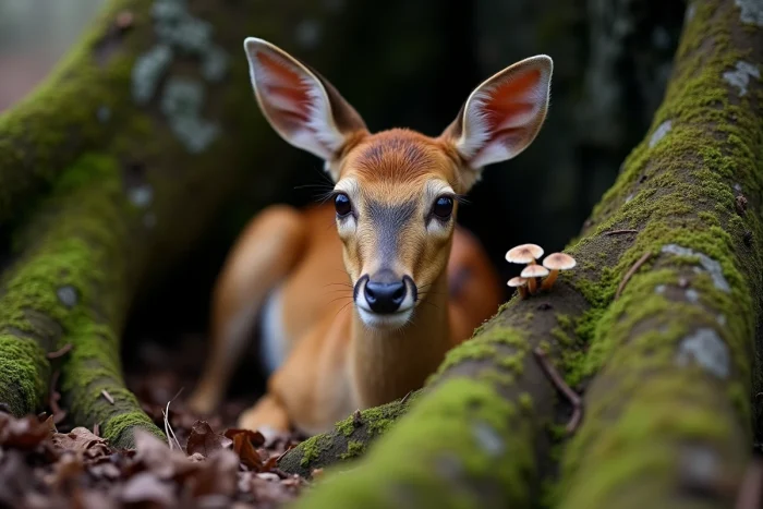 Portrait en gros plan d'une biche au repos sous un chêne, regard profond symbolisant sagesse et connexion spirituelle