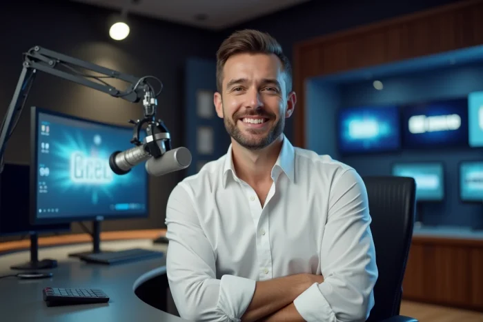 Portrait professionnel d'un animateur ou journaliste dans un studio de radio ou télévision moderne, illustrant le parcours médiatique