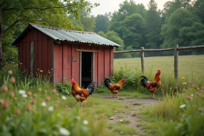 Poulailler rustique en bois rouge avec enclos grillagé, poules et coq en liberté dans un jardin rural verdoyant