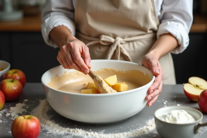 Mains de femme mélangeant la pâte à gâteau yaourt pomme dans un bol en céramique sur un plan de travail de cuisine