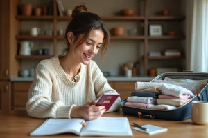 Femme préparant ses bagages et sa liste de voyage sur une table en bois dans un appartement moderne