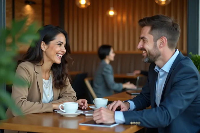 Deux professionnels échangeant des idées business autour d'un café dans un cadre urbain moderne, illustrant l'importance du réseau et de la collaboration dans La Règle du Je