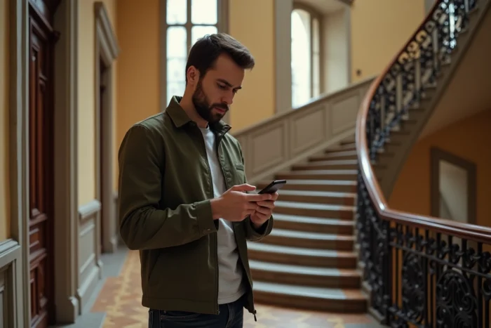 Propriétaire consultant des avis clients sur son smartphone dans un immeuble haussmannien géré par une agence immobilière