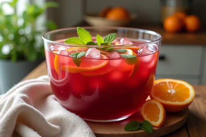 Bol de punch maison aux fruits rouges avec tranches d'orange et feuilles de menthe sur un comptoir en bois