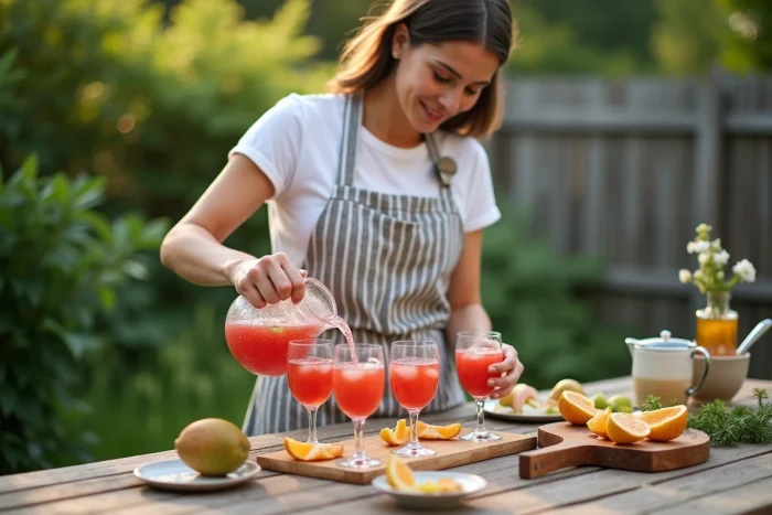 Femme versant du punch maison dans des verres lors d'un rassemblement en jardin avec pichet en verre et fruits frais