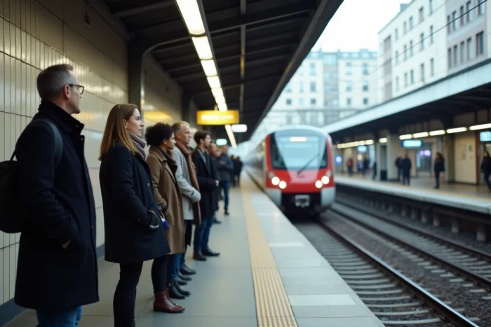 Quai de gare RER de banlieue parisienne avec des voyageurs attendant le train en tenue quotidienne