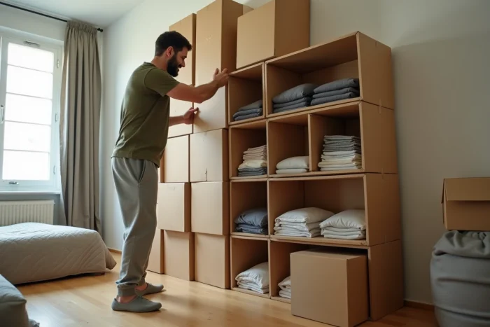 Homme utilisant des cartons Ikea comme rangement provisoire dans une chambre en cours d'installation