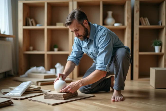 Homme réemployant du carton Ikea comme matériau de protection pour objets fragiles