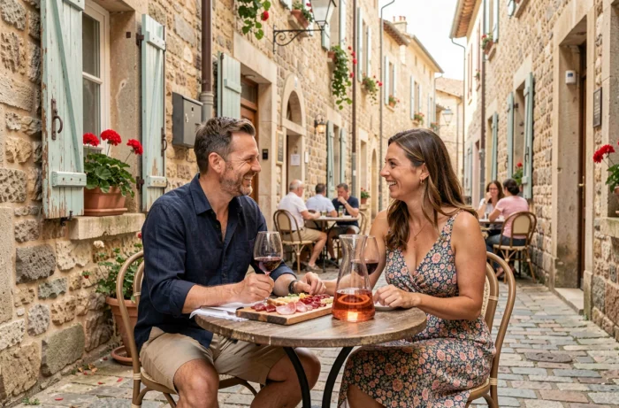 Couple profitant d'un repas typique dans un bistrot de village français avec charcuterie et rosé en terrasse