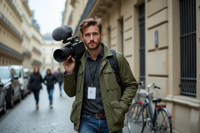 Journaliste reporter de terrain filmant pour une télévision indépendante de gauche dans une rue parisienne