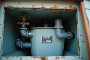 Réservoir de stockage des eaux usées installé dans la coque d'un voilier de plaisance, avec tuyaux PVC et vannes visibles dans le compartiment technique