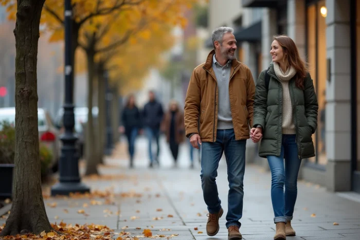 Couple se promenant discrètement dans une rue arborée, symbolisant le respect de l'intimité dans la couverture médiatique