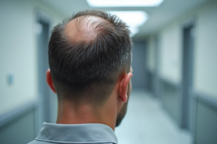 Résultat de greffe de cheveux visible sur le crâne d'un homme de dos dans une clinique spécialisée