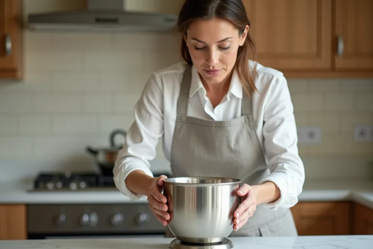 Femme retirant le bol d'un robot Kenwood en cuisine avec les deux mains, geste de déverrouillage du bol en inox