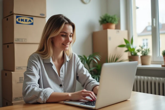 Femme créant une annonce sur Le Bon Coin pour revendre ses cartons Ikea