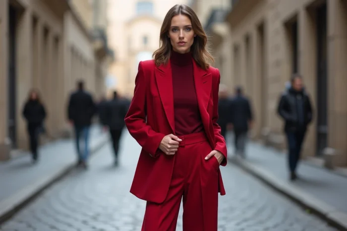 Femme en total look rouge cerise profond, blazer structuré et pantalon large assortis, dans une rue urbaine européenne en automne