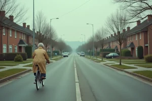 Rue résidentielle typique d'une banlieue française avec maisons pavillonnaires et femme poussant un vélo