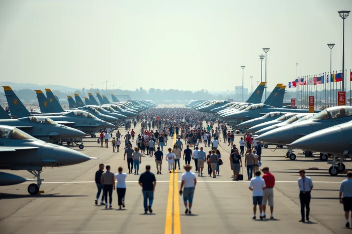Salon aéronautique international avec foule de visiteurs admirant des avions civils et militaires en exposition statique sur un aérodrome
