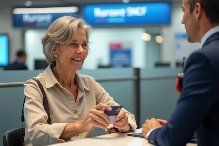 Femme senior en agence SNCF discutant du renouvellement de sa carte Avantage avec un conseiller