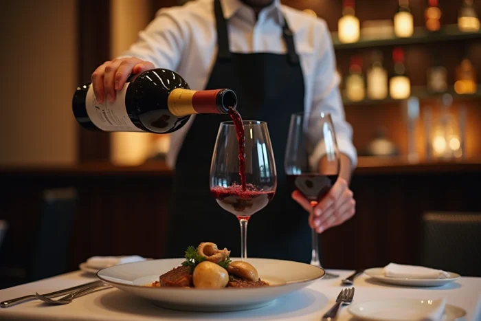 Sommelier versant un vin rouge de Bourgogne dans un verre en cristal à côté d'une assiette de veau aux morilles dans un restaurant gastronomique