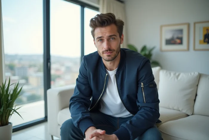 Jeune star française du digital en veste bomber marine assis dans un appartement moderne minimaliste lors d'une interview