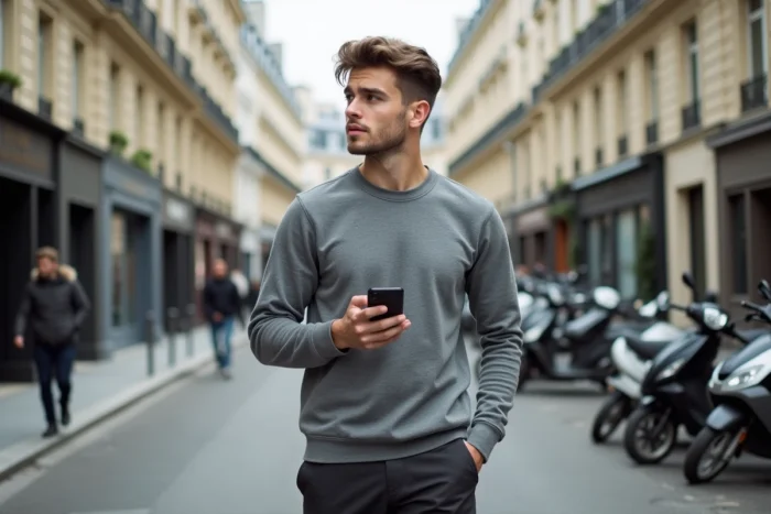 Jeune personnalité internet française en tenue décontractée dans une rue parisienne typique avec architecture haussmannienne