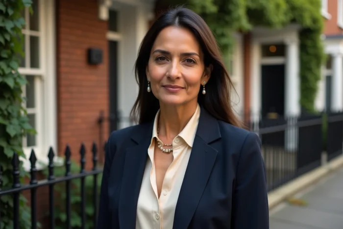 Portrait d'une femme d'origine indienne élégamment vêtue devant une maison de ville britannique classique en briques rouges