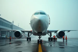 Équipage au sol effectuant des vérifications pré-vol autour d'un avion commercial moderne sur le tarmac d'un aéroport international