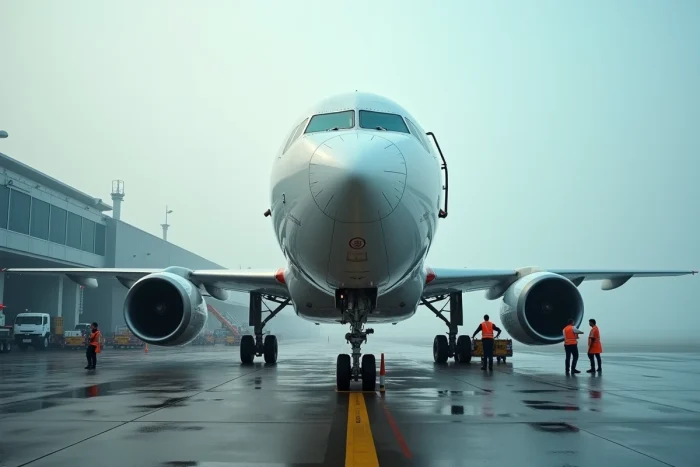 Équipage au sol effectuant des vérifications pré-vol autour d'un avion commercial moderne sur le tarmac d'un aéroport international