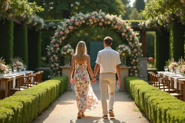 Couple choisissant un thème de mariage cohérent en visitant un jardin élégant décoré