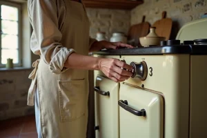 Femme réglant le thermostat d'un four ancien sur le chiffre 3 dans une cuisine rustique en pierre