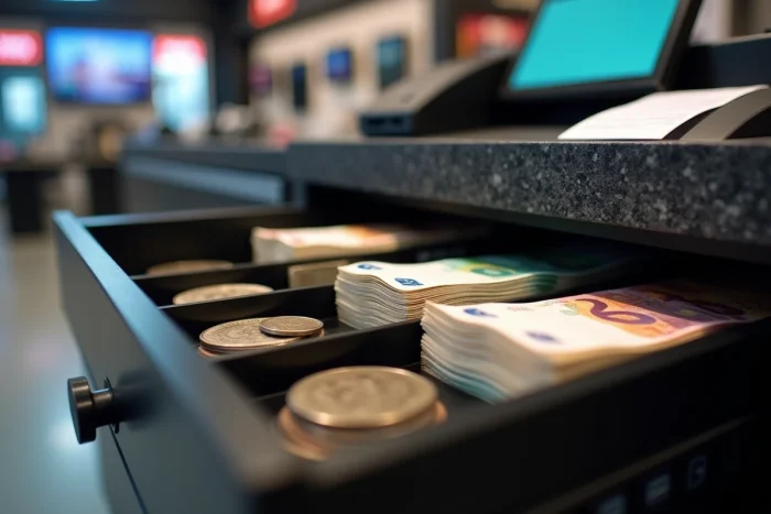 Tiroir de caisse enregistreuse ouvert avec billets et pièces en euros organisés sur un comptoir en granit