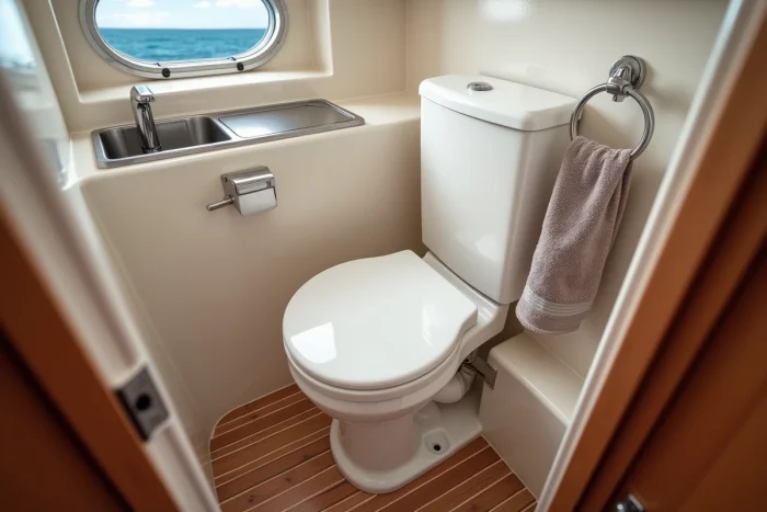 Toilettes marines manuelles dans les sanitaires d'un bateau de plaisance avec hublot donnant sur la mer