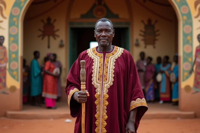 Homme nigérian en tenue traditionnelle agbada devant une salle communautaire décorée de symboles ancestraux, représentant l'importance des traditions culturelles formelles