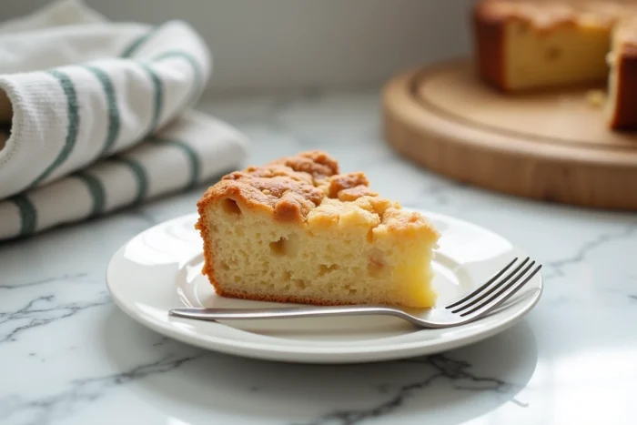 Tranche de gâteau au yaourt et pomme moelleux sur assiette blanche posée sur un comptoir en marbre