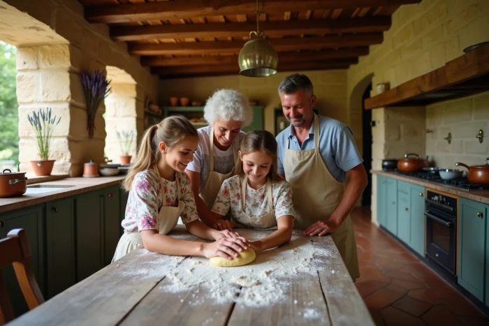 Famille multigénérationnelle dans une cuisine provençale transmettant une recette traditionnelle, symbolisant la perpétuation des coutumes culinaires familiales
