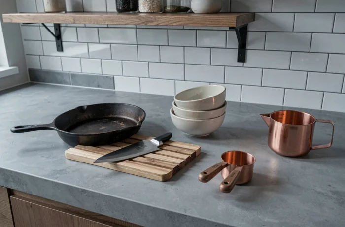 Sélection d'ustensiles de cuisine de qualité disposés sur un plan de travail moderne en béton