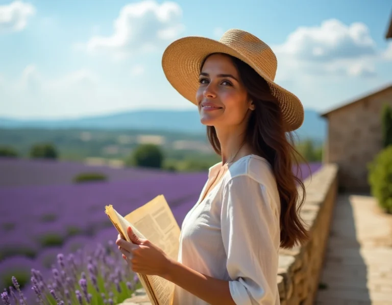 Femme en robe de lin consultant une carte sur une terrasse en pierre avec vue sur les champs de lavande en Provence