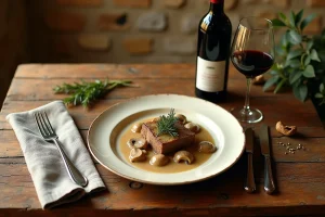 Table rustique avec assiette de veau aux morilles, verre de vin rouge de Bourgogne et bouteille ouverte sur nappe en lin, vue de dessus