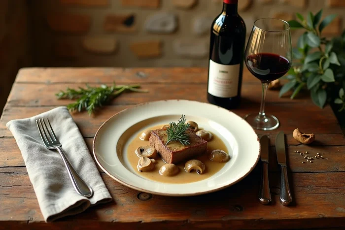 Table rustique avec assiette de veau aux morilles, verre de vin rouge de Bourgogne et bouteille ouverte sur nappe en lin, vue de dessus