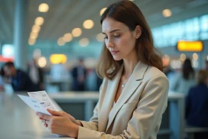 Femme vérifiant son billet d'avion et son passeport au comptoir d'enregistrement d'un aéroport