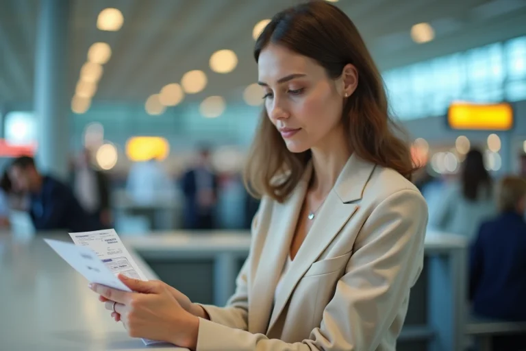 Femme vérifiant son billet d'avion et son passeport au comptoir d'enregistrement d'un aéroport