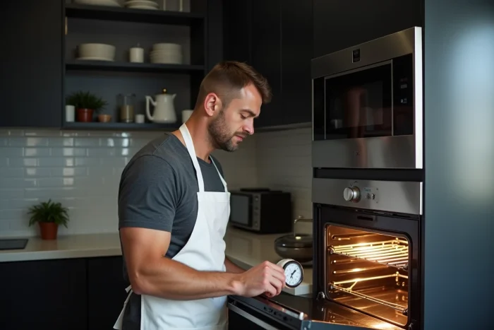 Homme vérifiant la température d'un four avec un thermomètre de cuisson dans une cuisine moderne