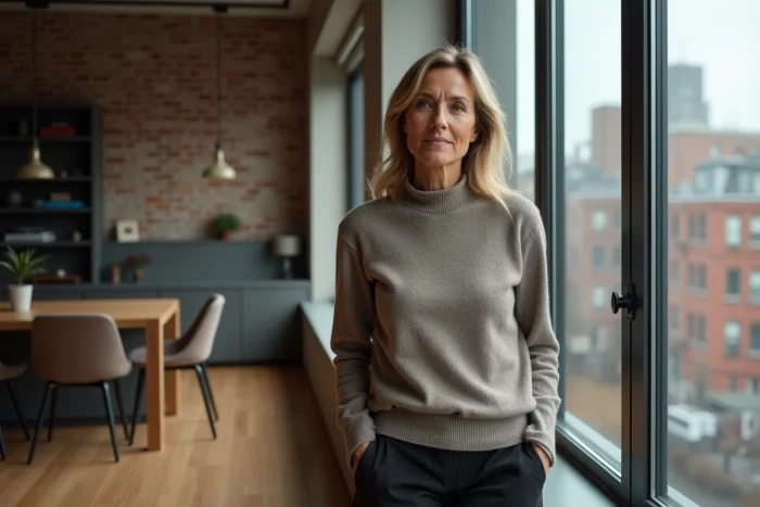 Femme pensive dans la quarantaine près d'une fenêtre urbaine, évoquant la vérité sur l'âge et la vie personnelle d'une personnalité publique